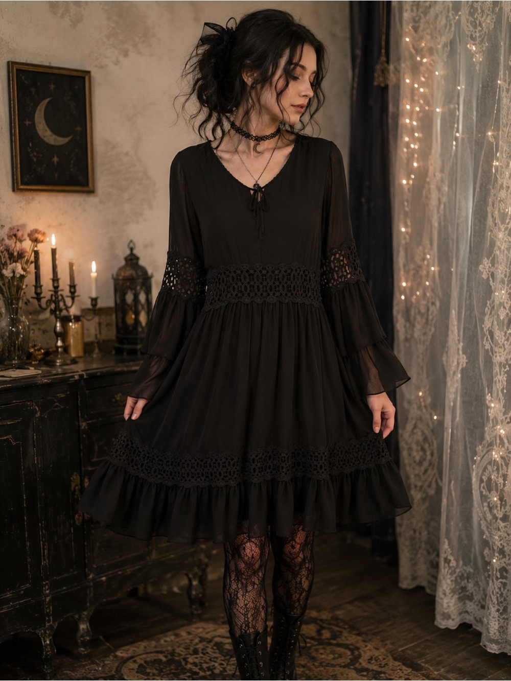 Elena Wang Black Boho Crochet Lace Bell Sleeve Dress - Picture 2 of 8